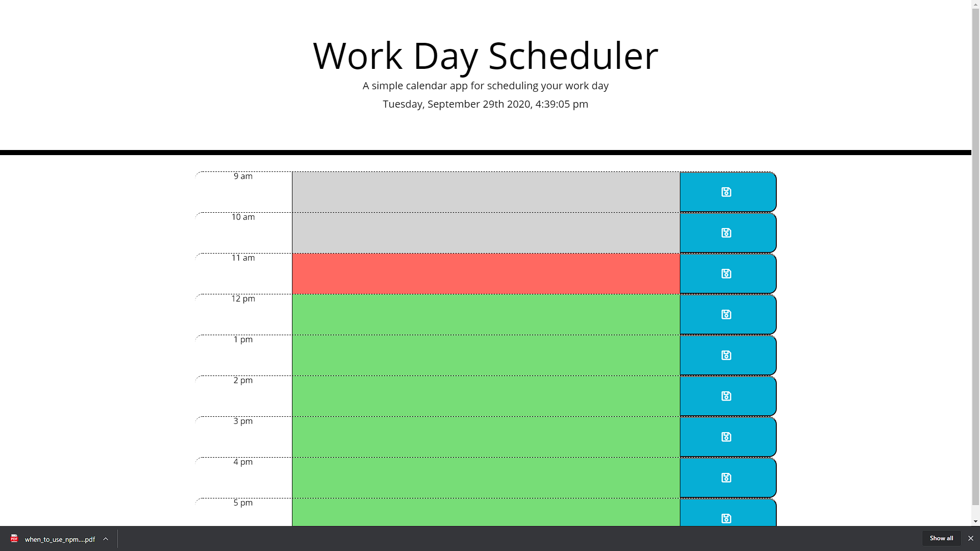 Work Day Scheduler main page.